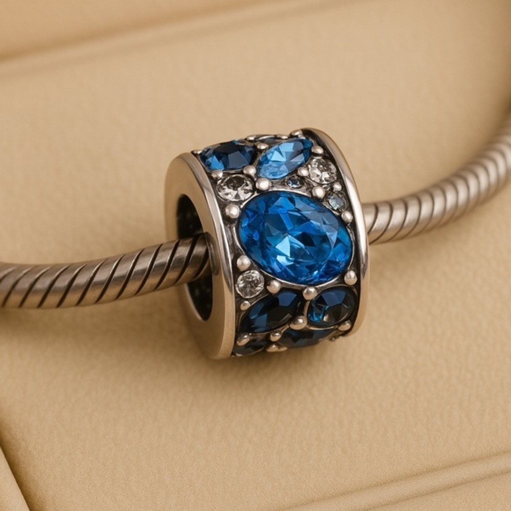 Chamilia Blue Mosaic Swarovski Bead .925 Silver Charm EUC #196